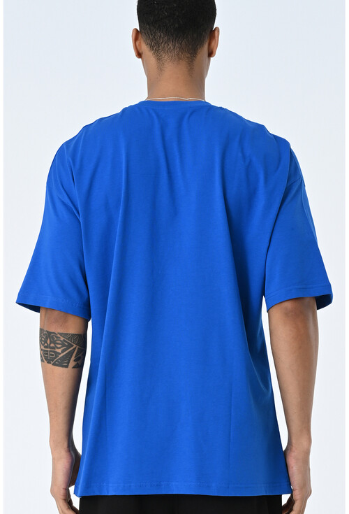 Mavi Bisiklet Yaka Baskılı Oversize Kalıp Unisex T-Shirt