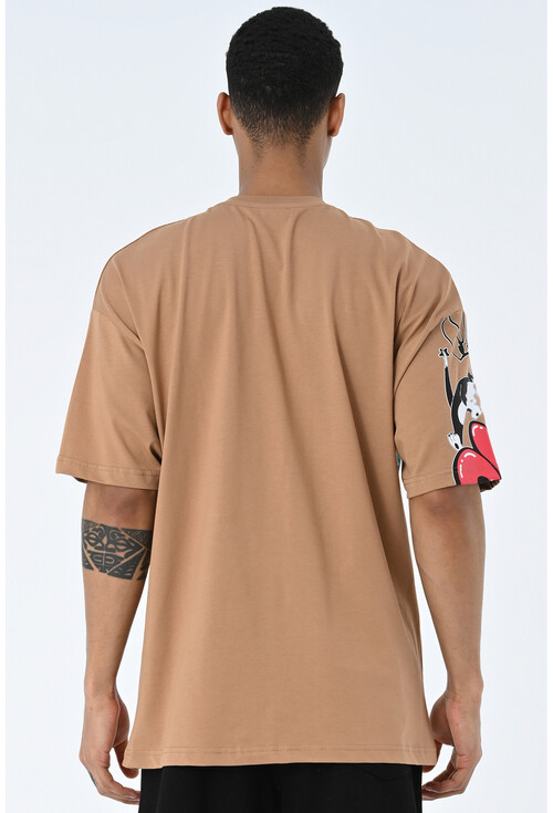 Kahverengi Bisiklet Yaka Baskılı Oversize Kalıp Unisex T-Shirt