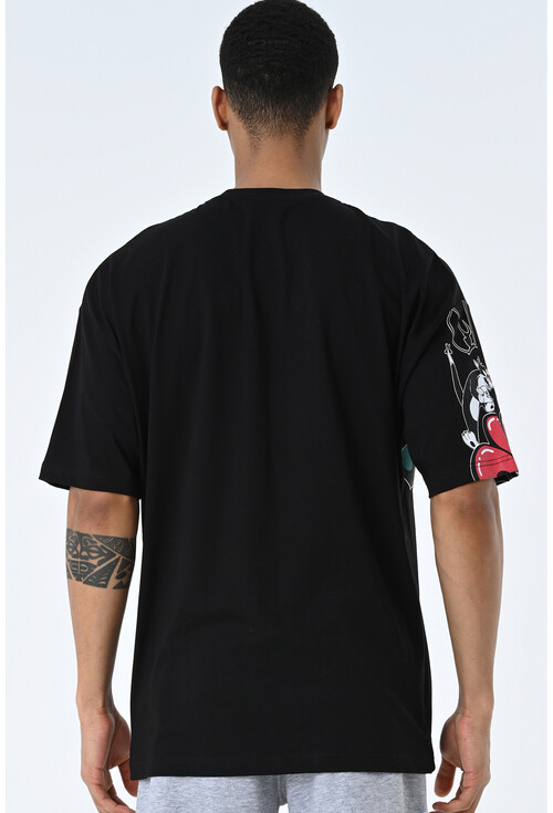 Siyah Bisiklet Yaka Baskılı Oversize Kalıp Unisex T-Shirt