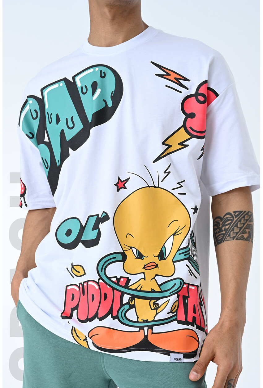 Beyaz Bisiklet Yaka Baskılı Oversize Kalıp Unisex T-Shirt