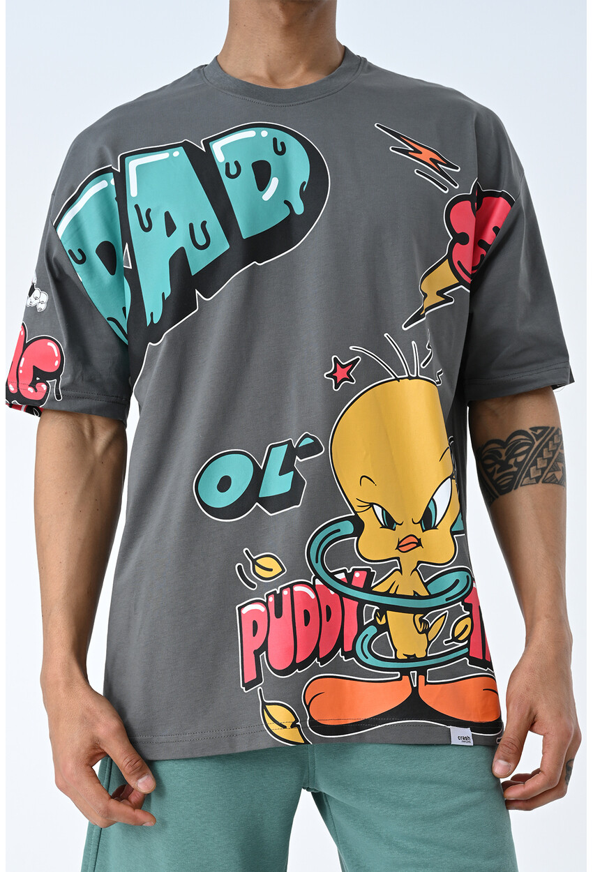 Antrasit Bisiklet Yaka Baskılı Oversize Kalıp Unisex T-Shirt