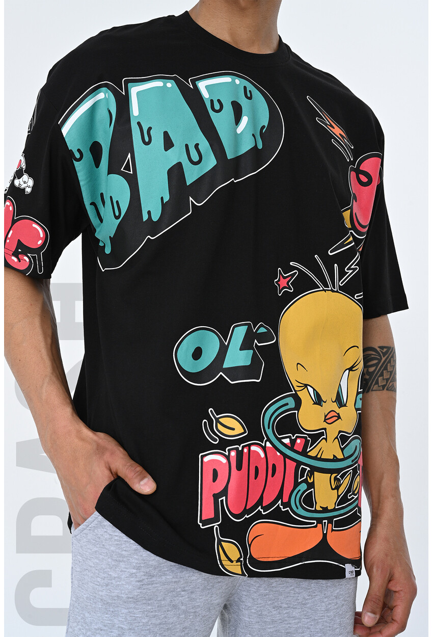 Siyah Bisiklet Yaka Baskılı Oversize Kalıp Unisex T-Shirt