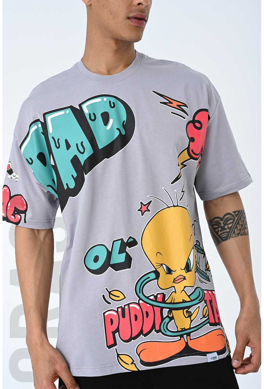 Gri Bisiklet Yaka Baskılı Oversize Kalıp Unisex T-Shirt