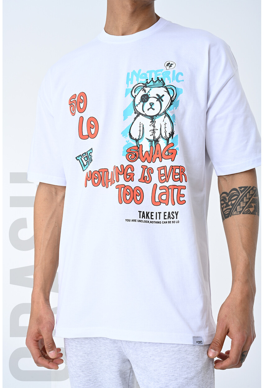 Beyaz Bisiklet Yaka Baskılı Oversize Kalıp Unisex T-Shirt