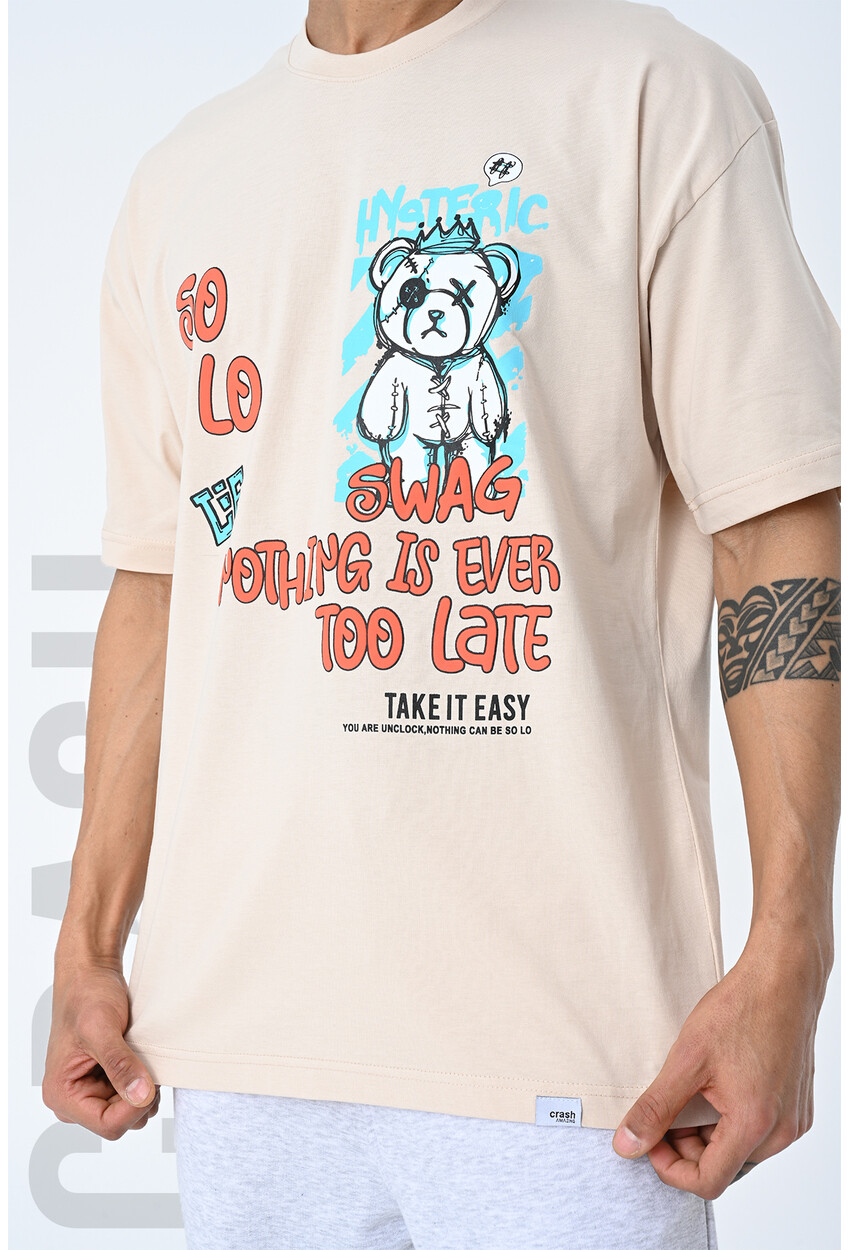 Bej Bisiklet Yaka Baskılı Oversize Kalıp Unisex T-Shirt