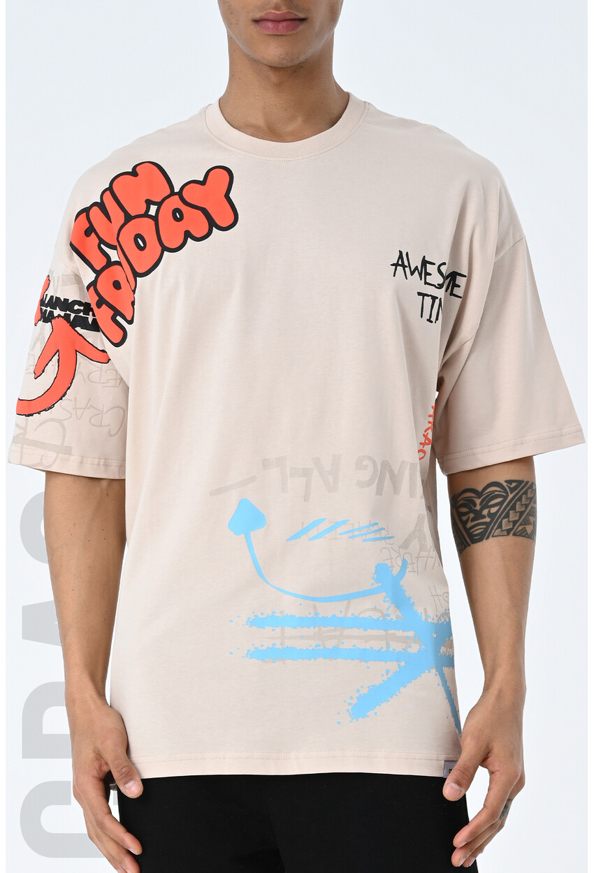 Bej Bisiklet Yaka Baskılı Oversize Kalıp Unisex T-Shirt