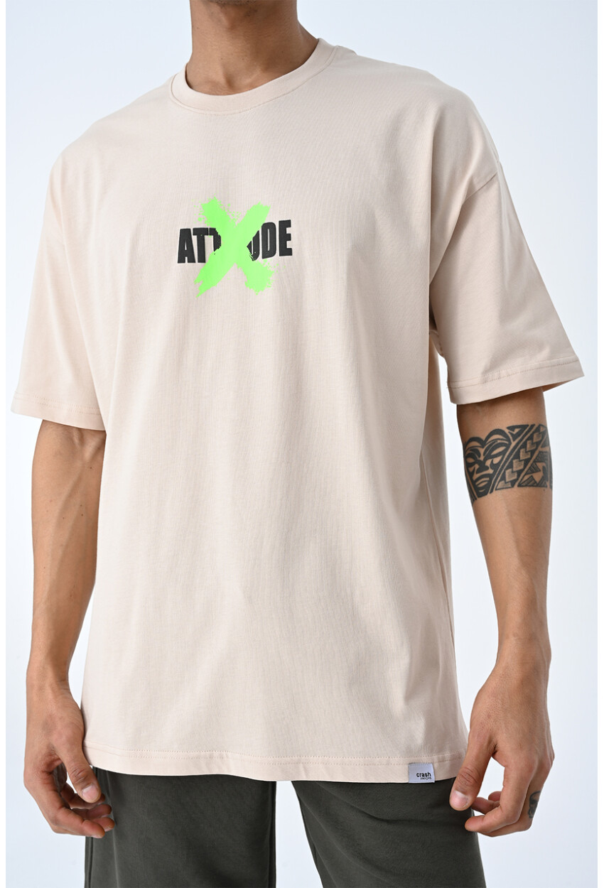 Bej Bisiklet Yaka Ön Arka Baskılı Oversize Kalıp Unisex T-Shirt