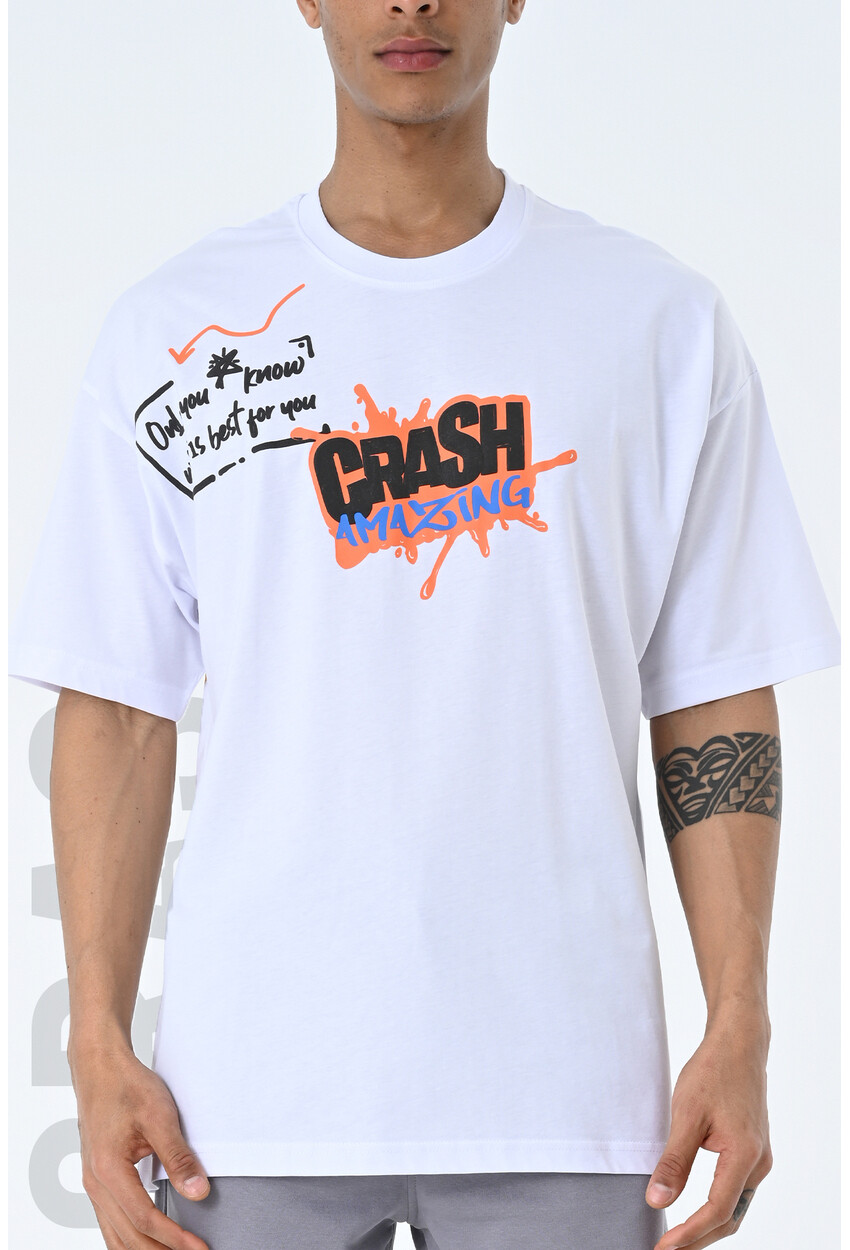 Beyaz Bisiklet Yaka Baskılı Oversize Kalıp Unisex T-Shirt