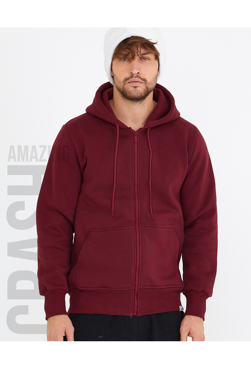 Bordo Unisex Kapüşonlu Üç İplik Basic Sweatshirt