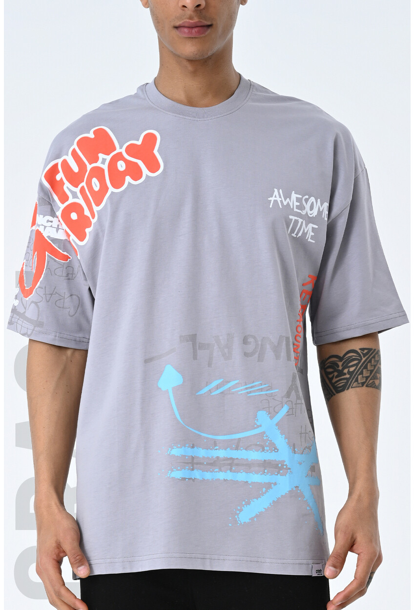 Gri Bisiklet Yaka Baskılı Oversize Kalıp Unisex T-Shirt
