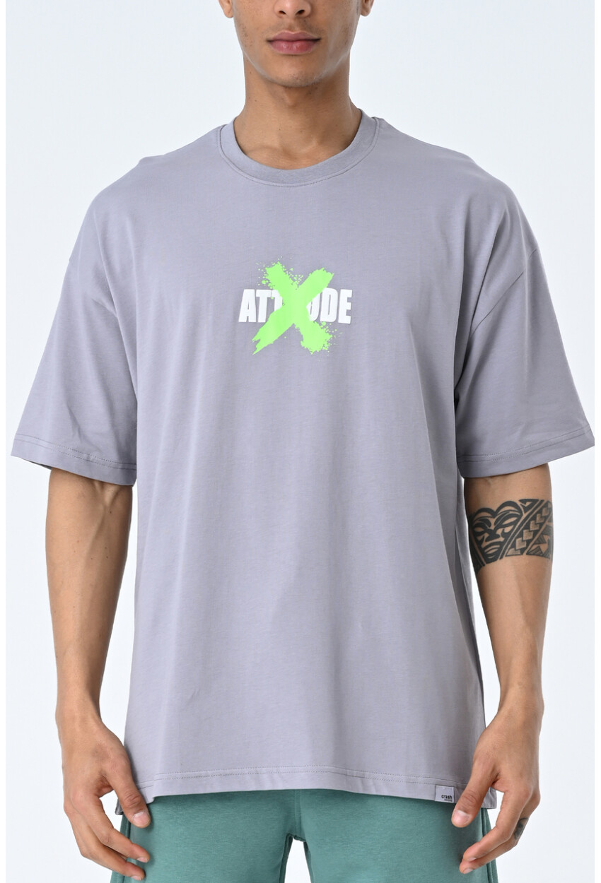 Gri Bisiklet Yaka Ön Arka Baskılı Oversize Kalıp Unisex T-Shirt