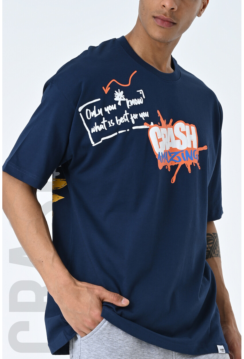 Indigo Bisiklet Yaka Baskılı Oversize Kalıp Unisex T-Shirt