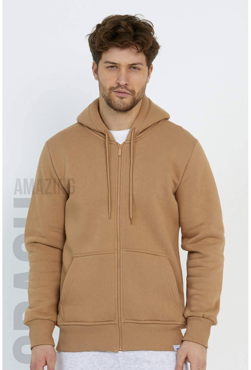 Kahverengi Unisex Kapüşonlu Üç İplik Basic Sweatshirt