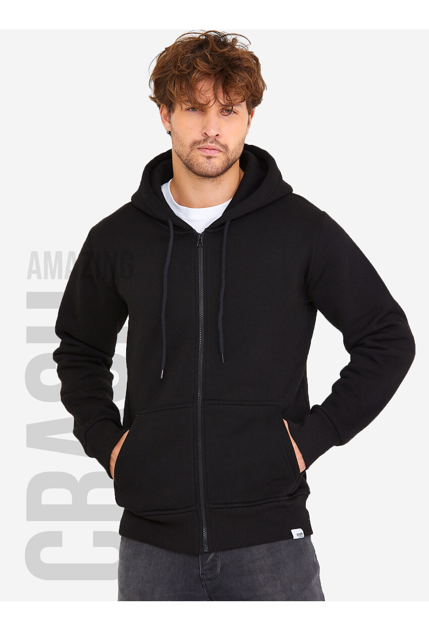 Siyah Unisex Kapüşonlu Üç İplik Basic Sweatshirt
