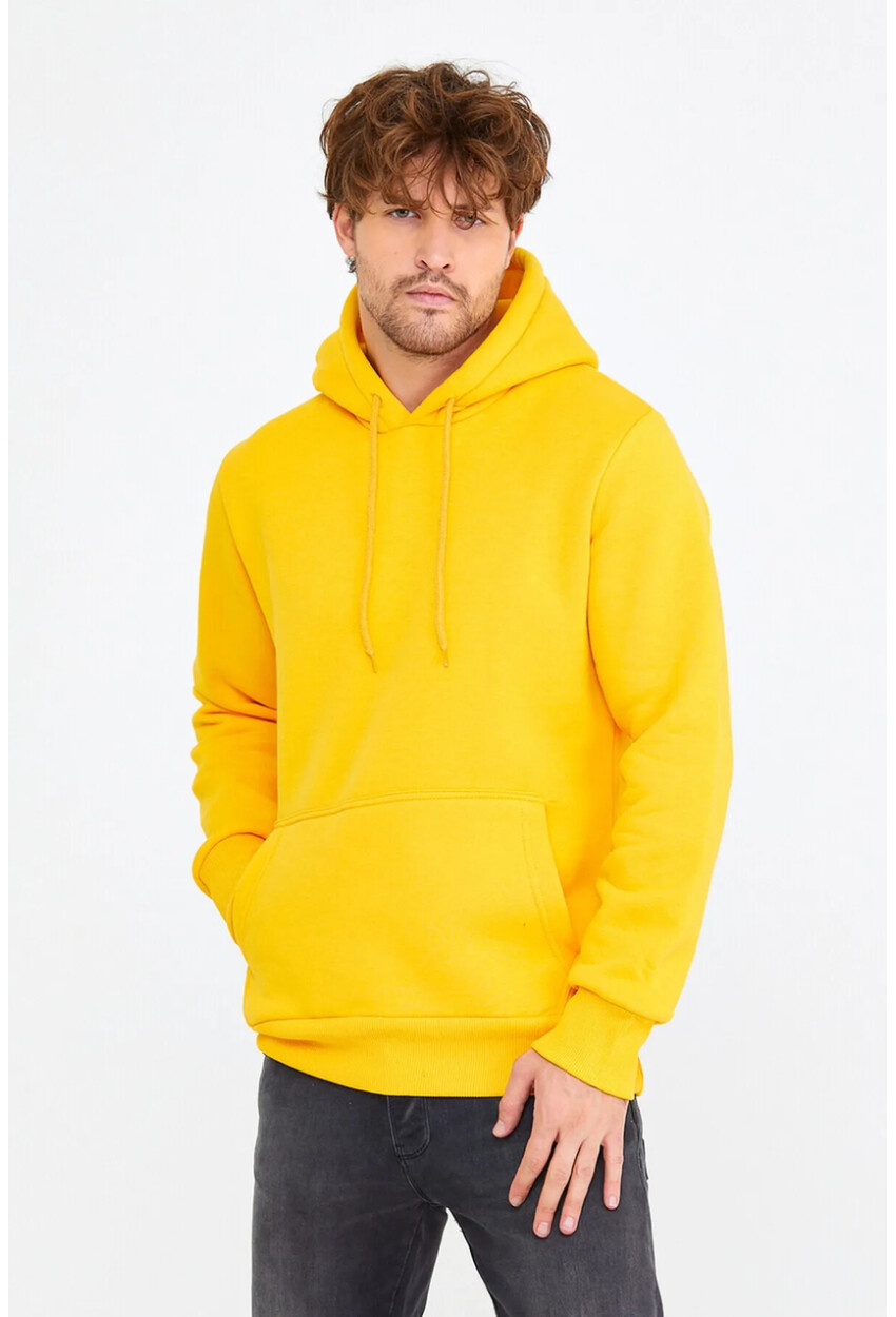 Sarı Unisex Kapüşonlu Kanguru Cepli Basic Sweatshirt 1163