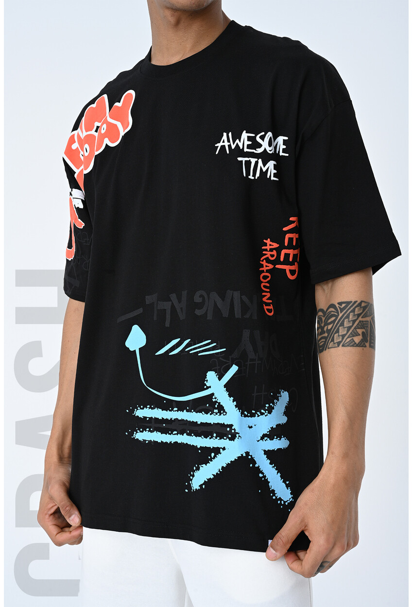 Siyah Bisiklet Yaka Baskılı Oversize Kalıp Unisex T-Shirt