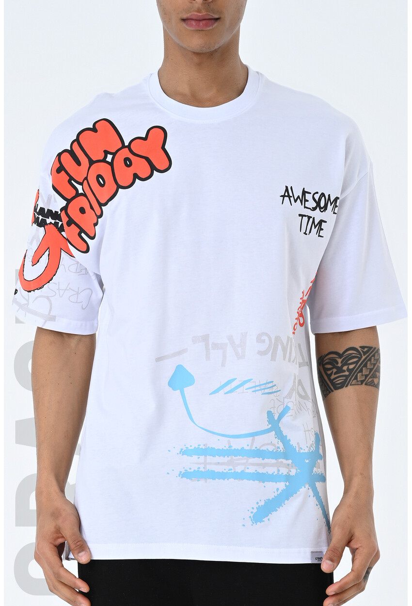 Beyaz Bisiklet Yaka Baskılı Oversize Kalıp Unisex T-Shirt