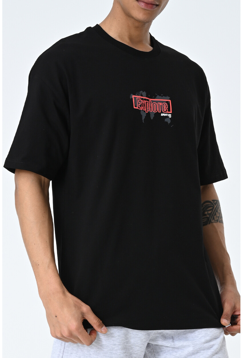 Siyah Bisiklet Yaka Baskılı Oversize Kalıp Unisex T-Shirt