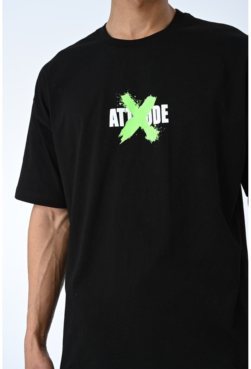 Siyah Bisiklet Yaka Ön Arka Baskılı Oversize Kalıp Unisex T-Shirt