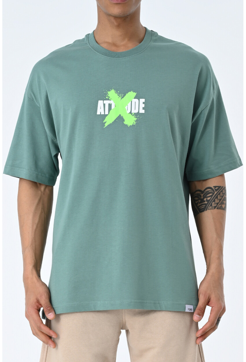 Su Yeşili Bisiklet Yaka Ön Arka Baskılı Oversize Kalıp Unisex T-Shirt