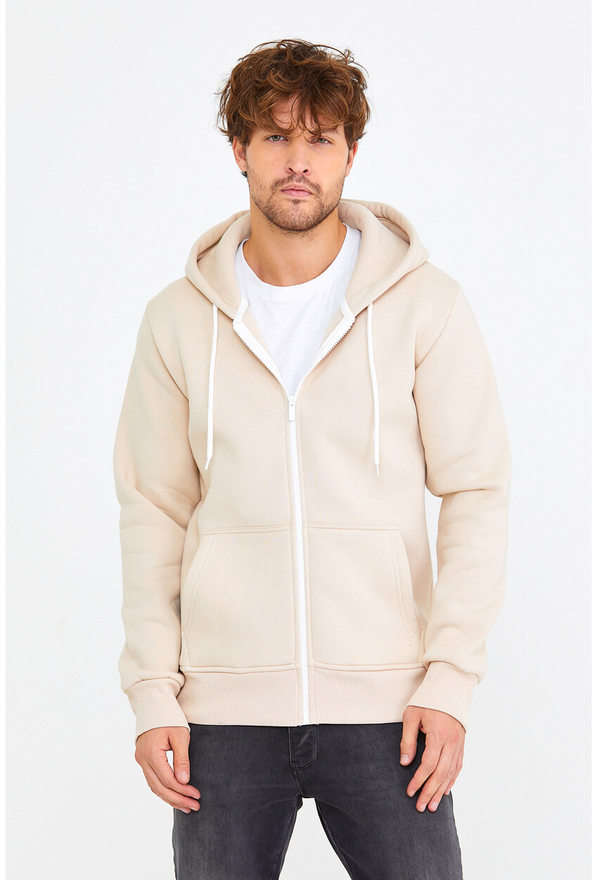 Unisex Bej Kapüşonlu Üç İplik Basic Sweatshirt