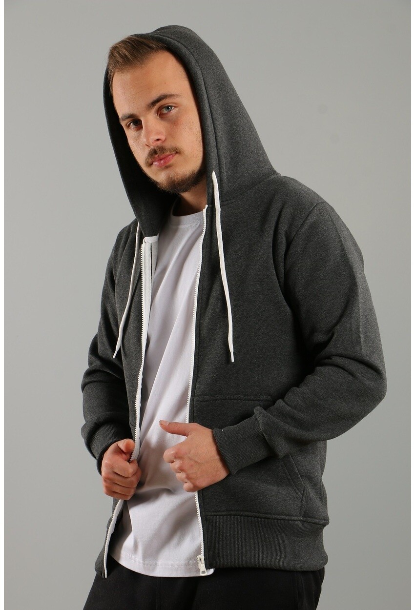 Unisex Antrasit Kapüşonlu Üç İplik Basic Sweatshirt