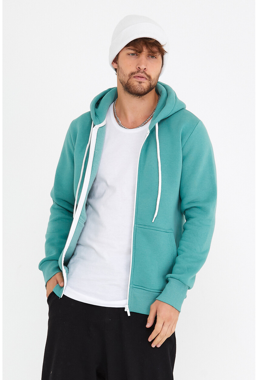 Unisex Su Yeşili Kapüşonlu Üç İplik Basic Sweatshirt