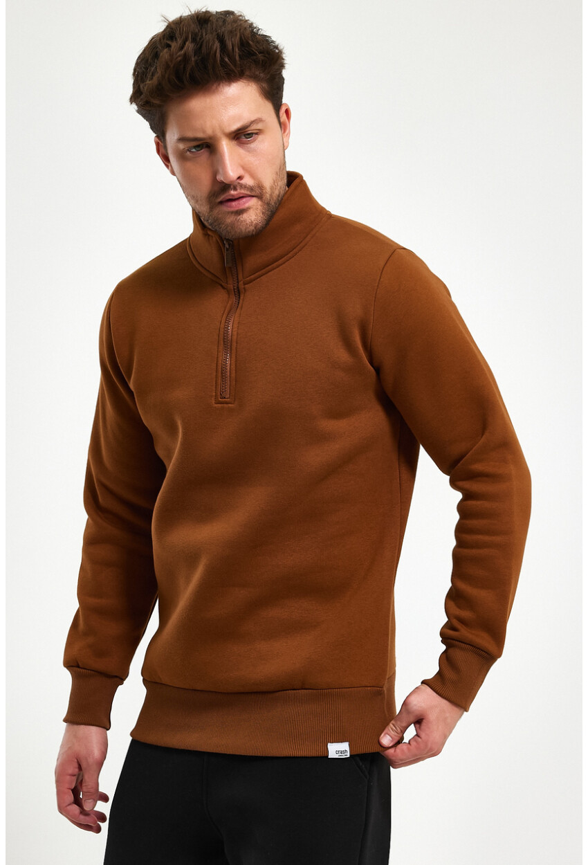 Yüksek Yaka Yarım Fermuarlı Basic Sweatshirt