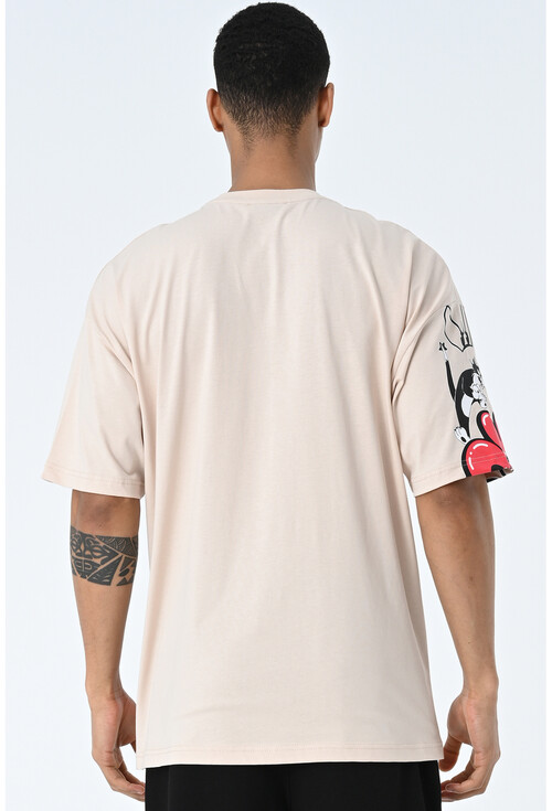 Bej Bisiklet Yaka Baskılı Oversize Kalıp Unisex T-Shirt