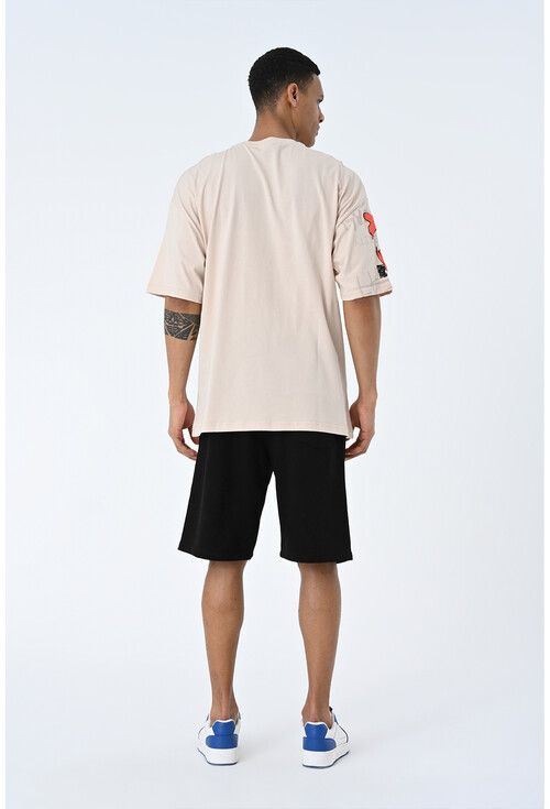 Bej Bisiklet Yaka Baskılı Oversize Kalıp Unisex T-Shirt