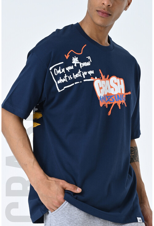 Indigo Bisiklet Yaka Baskılı Oversize Kalıp Unisex T-Shirt