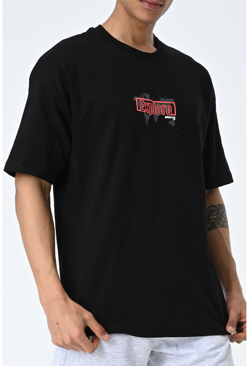 Siyah Bisiklet Yaka Baskılı Oversize Kalıp Unisex T-Shirt