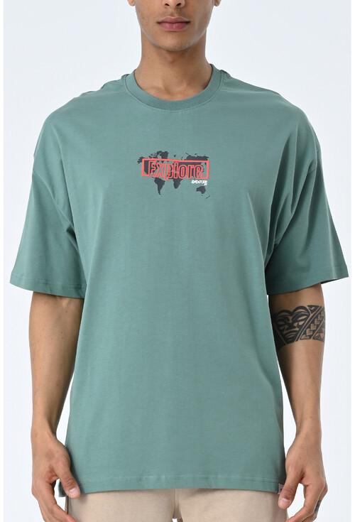 Su Yeşili Bisiklet Yaka Baskılı Oversize Kalıp Unisex T-Shirt
