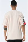 Bej Bisiklet Yaka Baskılı Oversize Kalıp Unisex T-Shirt