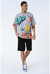 Gri Bisiklet Yaka Baskılı Oversize Kalıp Unisex T-Shirt