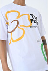 Beyaz Bisiklet Yaka Baskılı Oversize Kalıp Unisex T-Shirt