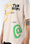 Bej Bisiklet Yaka Baskılı Oversize Kalıp Unisex T-Shirt