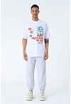 Beyaz Bisiklet Yaka Baskılı Oversize Kalıp Unisex T-Shirt