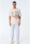 Bej Bisiklet Yaka Baskılı Oversize Kalıp Unisex T-Shirt