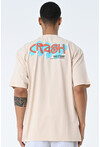 Bej Bisiklet Yaka Baskılı Oversize Kalıp Unisex T-Shirt