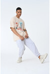 Bej Bisiklet Yaka Baskılı Oversize Kalıp Unisex T-Shirt
