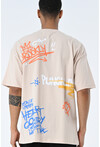 Bej Bisiklet Yaka Baskılı Oversize Kalıp Unisex T-Shirt