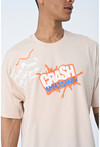 Bej Bisiklet Yaka Baskılı Oversize Kalıp Unisex T-Shirt
