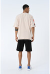 Bej Bisiklet Yaka Baskılı Oversize Kalıp Unisex T-Shirt