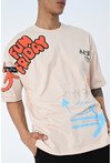 Bej Bisiklet Yaka Baskılı Oversize Kalıp Unisex T-Shirt