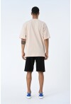 Bej Bisiklet Yaka Baskılı Oversize Kalıp Unisex T-Shirt