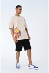 Bej Bisiklet Yaka Baskılı Oversize Kalıp Unisex T-Shirt