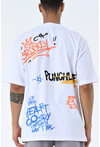 Beyaz Bisiklet Yaka Baskılı Oversize Kalıp Unisex T-Shirt