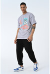 Gri Bisiklet Yaka Baskılı Oversize Kalıp Unisex T-Shirt