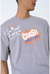 Gri Bisiklet Yaka Baskılı Oversize Kalıp Unisex T-Shirt
